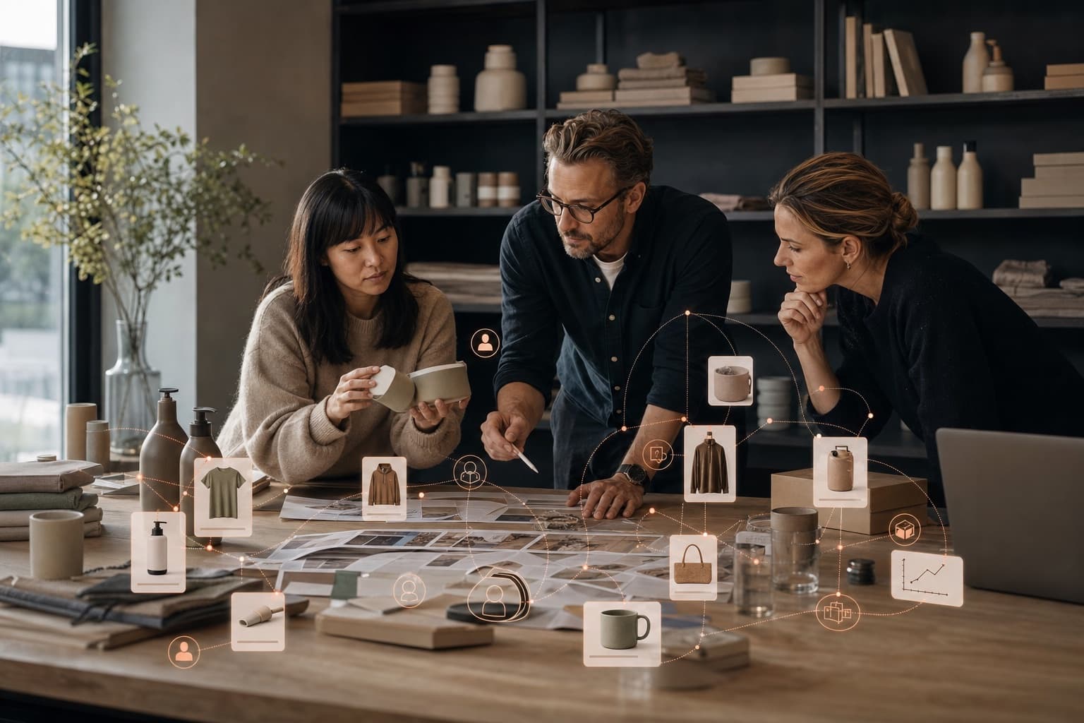 Ecommerce-team forbinder produkter, kategorier, kundespørgsmål og søgeefterspørgsel. Motiv til artiklen “Ecommerce SEO: Den komplette guide til organisk vækst”.