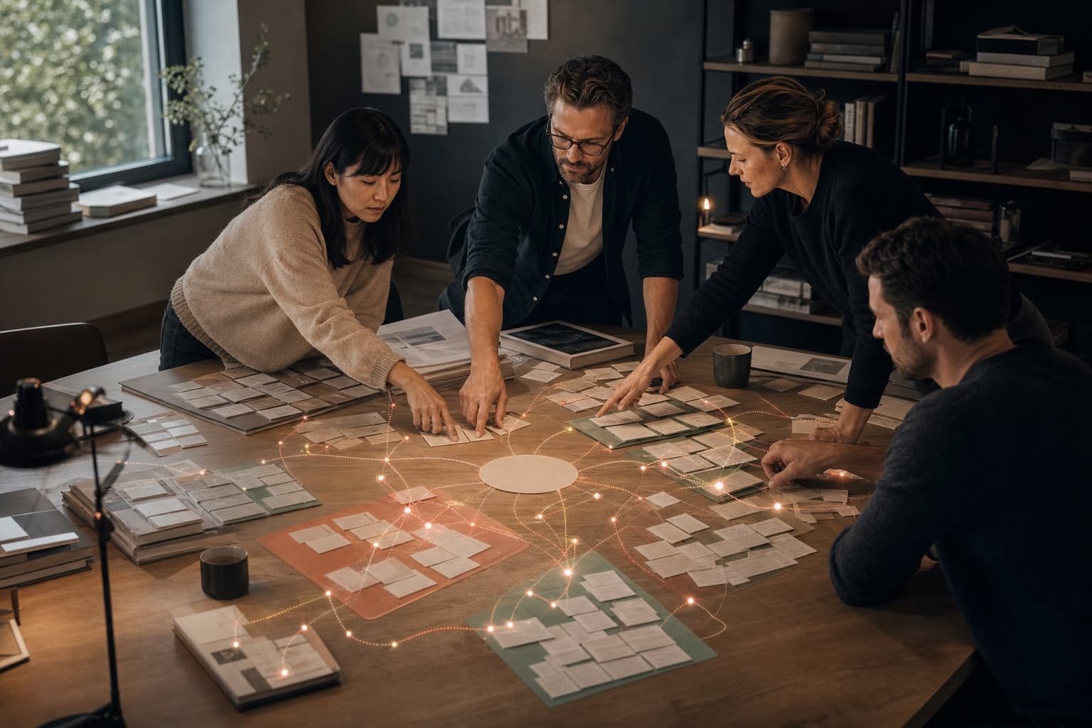 SEO-team grupperer søgeord i emneklynger ud fra søgeintention og SERP-overlap. Motiv til artiklen “SEO-søgeordsanalyse: Fra rå keywords til en prioriteret plan”.